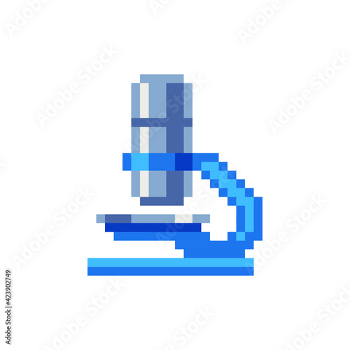 Microscope pixel art icon. Isolated vector flat illustration. Biology science education medical. Design for stickers, logo and mobile app. Game assets 8-bit sprite. Laboratory equipment.