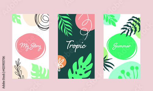 Trendy Social media stories and post creative layout set. Background template with copy space for text. Abstract coloured shapes, line arts, floral and leaves