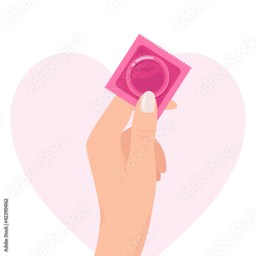 Hand are holding condom. Concept of protection against sexually transmitted diseases. Vector illustration 