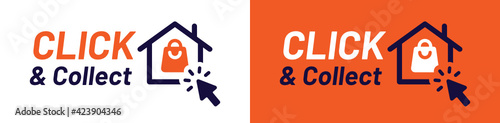 Click and collect vector illustration for online store. Cursor clicking on shopping bag.