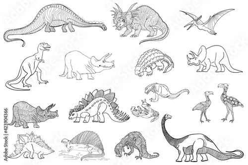 Triceratops. A series of prehistoric dinosaurs. Fossil animals in contour style.