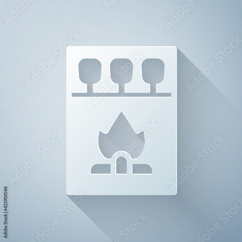 Paper cut Open matchbox and matches icon isolated on grey background. Paper art style. Vector