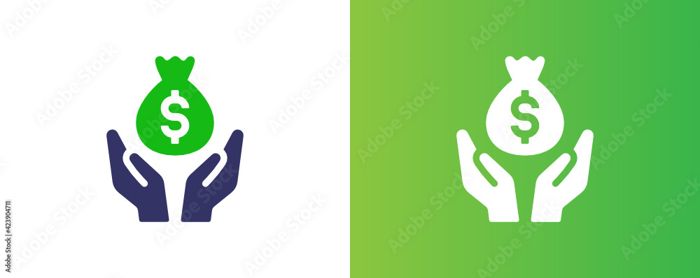 Hand holding money bag of dollar vector illustration on white and green background. Hand holding money bag of dollar vector illustration on white and green background.