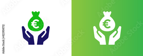 Hand holding money bag of Euro vector illustration on white and green background.