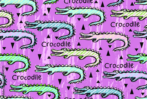 Hand drawn funny crocodiles and alligators in vector seamless pattern for boys and girls. Children s background and pattern. Print for fabrics and scrapbooking. Reptiles on grunge texture
