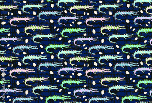 Hand drawn funny crocodiles and alligators in vector seamless pattern for boys and girls. Children's background and pattern. Print for fabrics and scrapbooking. Reptiles on grunge texture