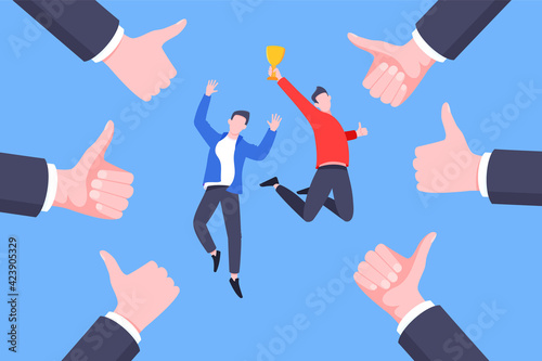 Employee recognition or proud worker of the month business concept flat style design vector illustration. Young adult man jumps in the air with trophy cup in the hand and many thumbs up around him.