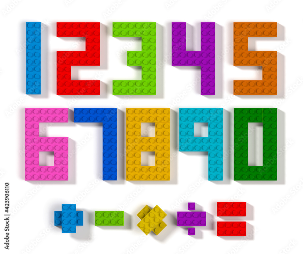 Toy building blocks numbers and mathematic symbols 3d top view Toy building blocks numbers and mathematic symbols 3d top view