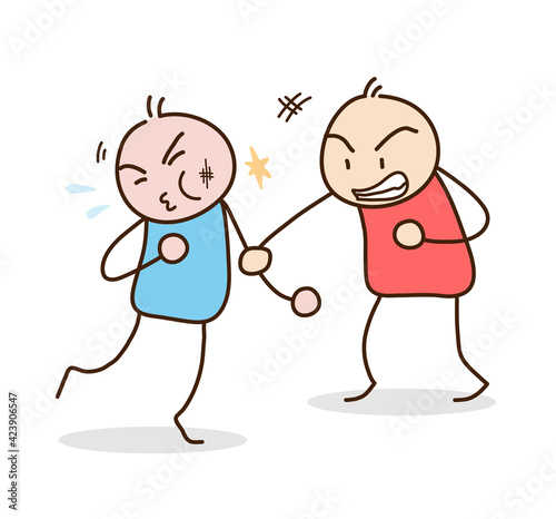 Photo Street fight cartoon, a hand drawn doodle of stick figures in cartoon style  fighting each other in a brawl, isolated on white background