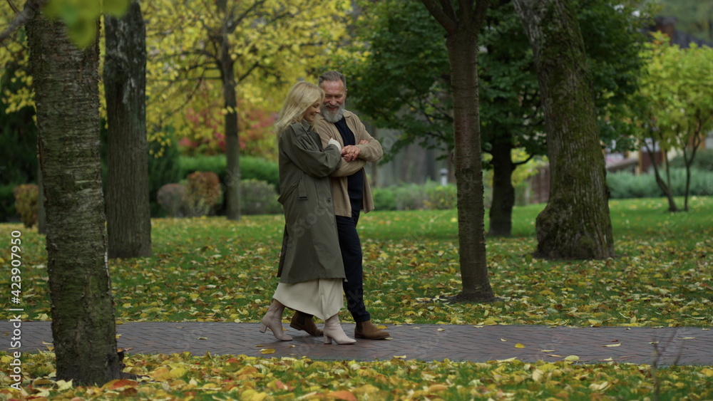 Side view shot of beautiful happy lovers walking along path among autumn trees. Side view shot of beautiful happy lovers walking along path among autumn trees.