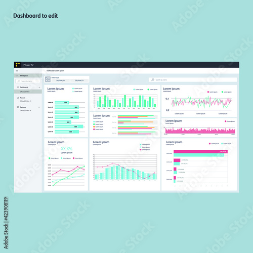 Plantilla de dashboard. Power bi. Gráficos de barras, diagramas, quesitos. Visualización de datos. EPS10