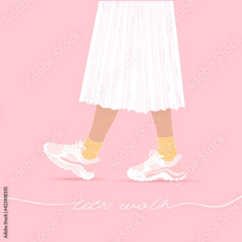 Cute Girls card with text let’s walk. Isolated on pink background. Vector illustration. Skirt, sneakers, feet, socks, lettering, legs, foot, quote, woman, beautiful. Poster, print, sticker design.