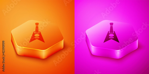 Isometric Electric bass guitar icon isolated on orange and pink background. Hexagon button. Vector