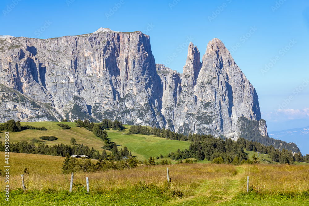 View of Sciliar mountain in the Dolomites, South Tyrol, Italy