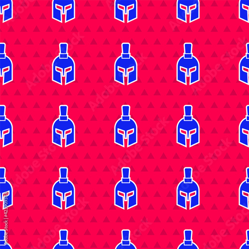Blue Greek helmet icon isolated seamless pattern on red background. Antiques helmet for head protection soldiers with a crest of feathers or horsehair. Vector