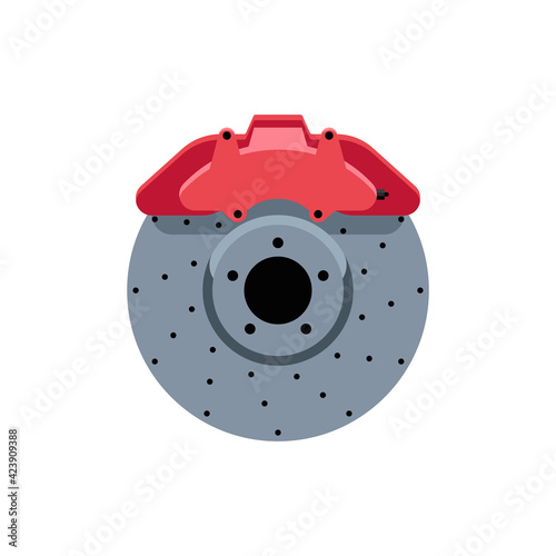 Brake disc with pad icon in flat design. Car parts on an isolated white background. Vector illustration.