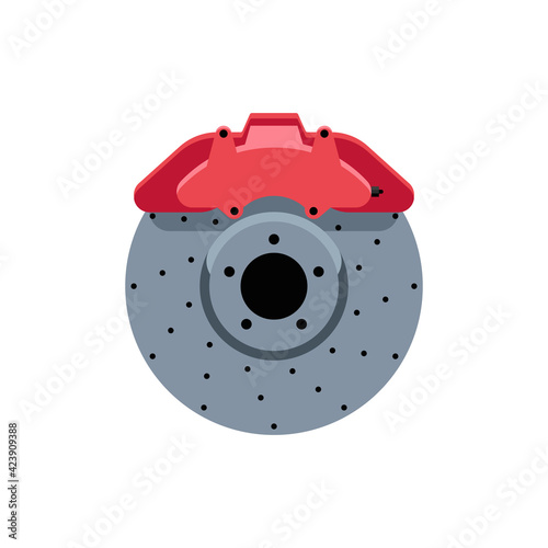 Brake disc with pad icon in flat design. Car parts on an isolated white background. Vector illustration.