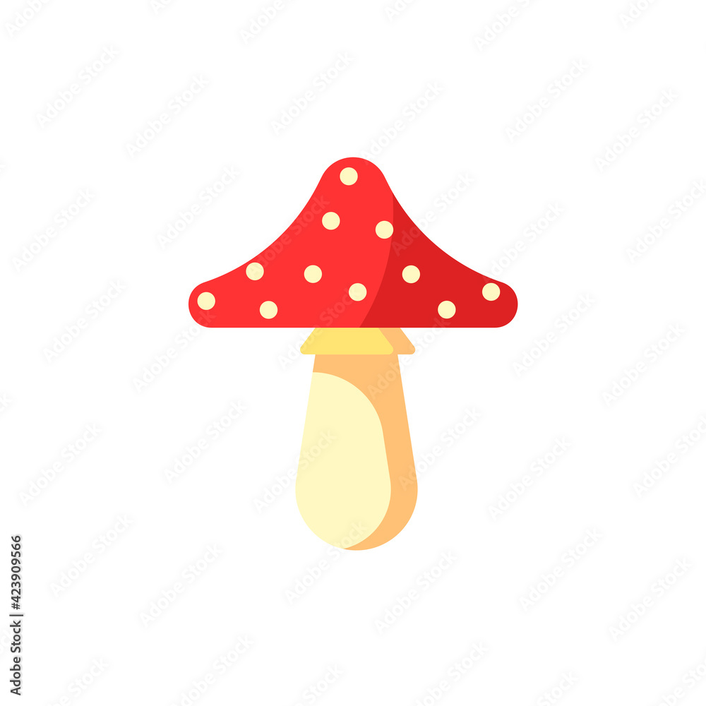 Amanita in flat design. Mushroom icon on isolated white background. Vector stock illustration