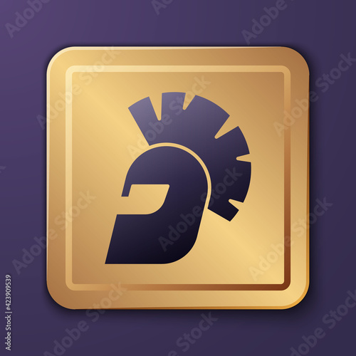Purple Greek helmet icon isolated on purple background. Antiques helmet for head protection soldiers with a crest of feathers or horsehair. Gold square button. Vector