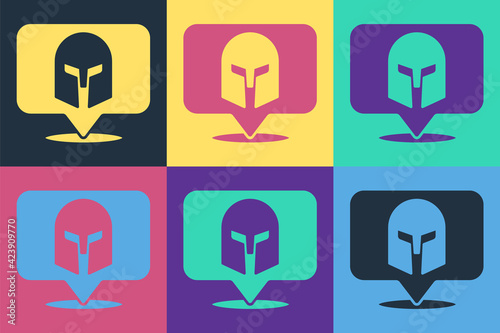 Pop art Greek helmet icon isolated on color background. Antiques helmet for head protection soldiers with a crest of feathers or horsehair. Vector