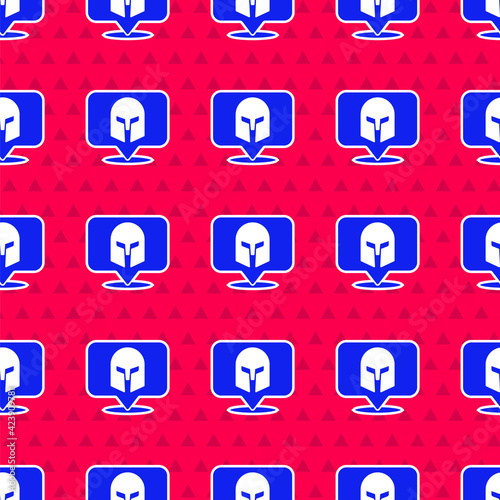 Blue Greek helmet icon isolated seamless pattern on red background. Antiques helmet for head protection soldiers with a crest of feathers or horsehair. Vector