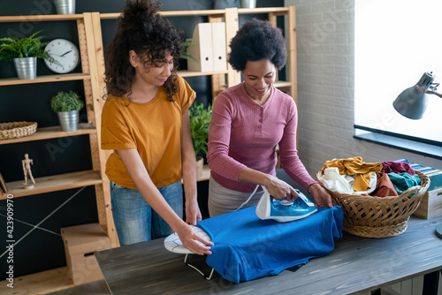 Canvas Print Single black mother doing housework chores at home with daughter