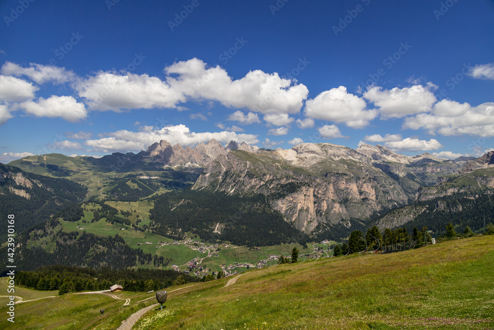 View of the Dolomites near Selva, South Tyrol, Italy