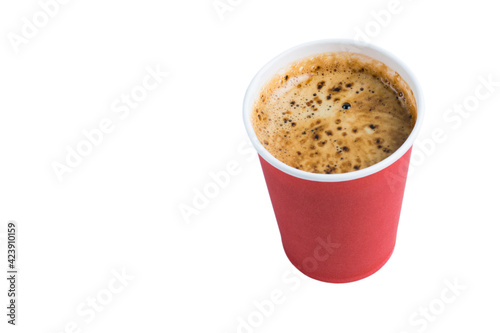 Coffee to go in paper red glass without lid isolate on white background, copy space from left