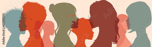 Businesswomen of diverse cultures social network community. Silhouette group of multiethnic women who talk and share ideas and information. Communication and friendship. Racial equality
