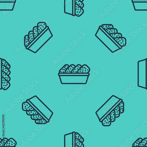 Black line Chicken nuggets in box icon isolated seamless pattern on green background. Vector Illustration