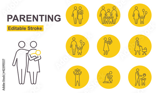 Parenting Icons. Editable Stroke. Vector Illustration. People Thin Line Icons Set.