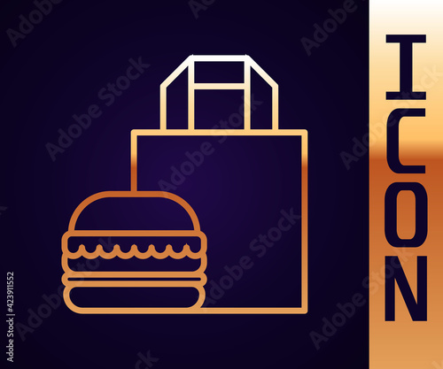 Gold line Online ordering and burger delivery icon isolated on black background. Vector Illustration