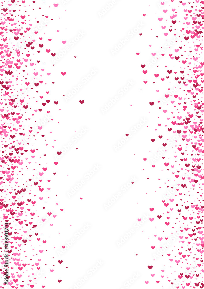 Pink Art Confetti Wallpaper. Purple Layout Backdrop. Rose Heart Vector. Red Falling Frame. 