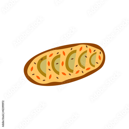 Sandwich with avocado slices, sesame seeds and nuts, curd cheese, breakfast or snack. Colorful hand drawn illustration vector