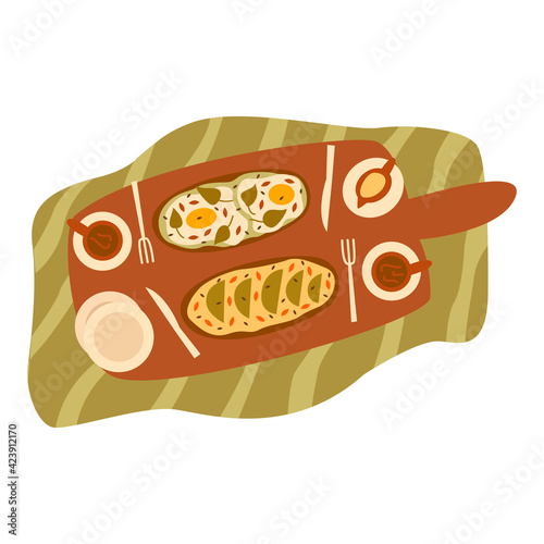 Tray with two sandwiches, cup of coffee and cream. Knife and fork. Tasty breakfast. Sandwiches with scrambled eggs, avocado slices, lunch or snack. Wooden board, towel. Colorful hand drawn vector