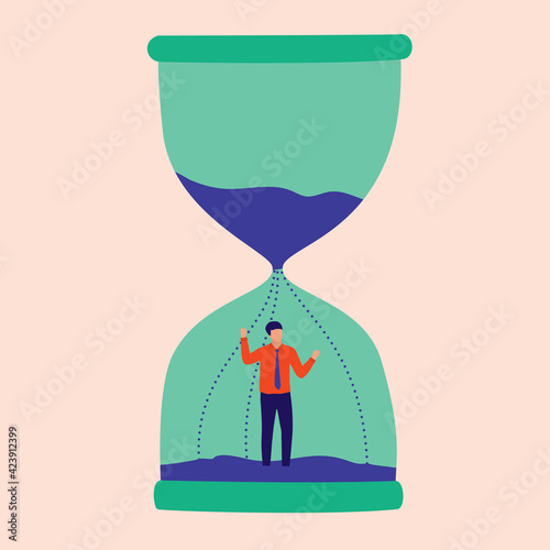 Stress Man Trapped Inside Hourglass. Deadline Concept. Vector Flat Cartoon Illustration. Man Running Out Of Time.
