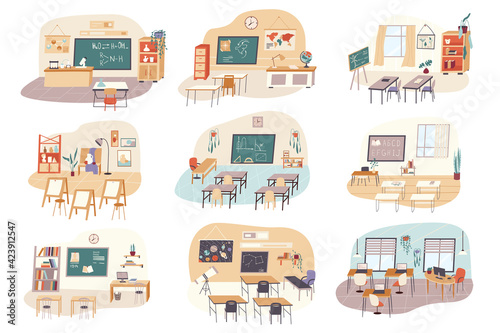 Lessons at school isolated scenes set. Classrooms of chemistry, geography, biology, math, english, history, astronomy. Bundle of modern interiors. Vector illustration in flat cartoon for web design