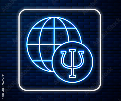 Glowing neon line Psychology icon isolated on brick wall background. Psi symbol. Mental health concept, psychoanalysis analysis and psychotherapy. Vector