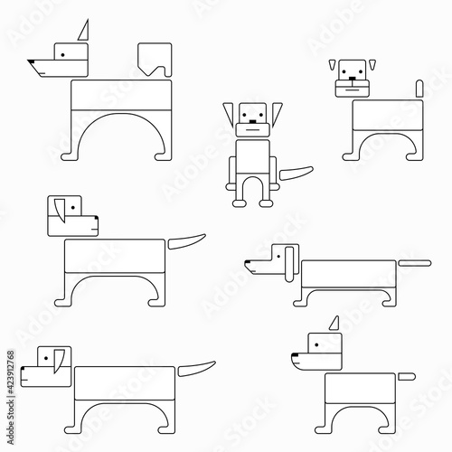 Linear icons of cute dogs. Pets. Laika, Airedale terrier, on an isolated white background. Vector stock illustration