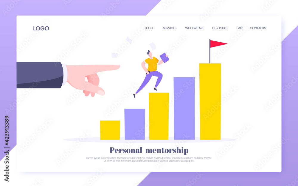 Business mentor helps to improve career and holding stairs steps vector illustration. Mentorship, upskills and self development strategy flat style design business concept.