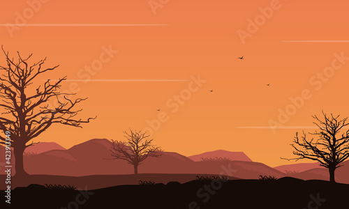 Quiet evening atmosphere with beautiful natural scenery at dusk in the countryside. Vector illustration