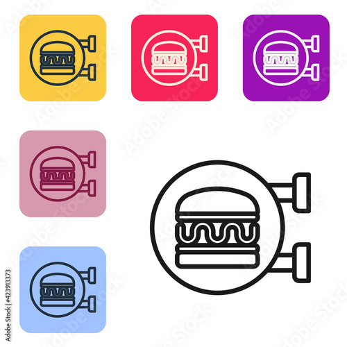 Black line Online ordering and burger delivery icon isolated on white background. Set icons in color square buttons. Vector