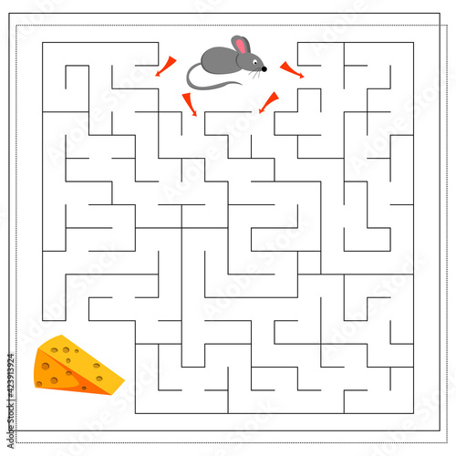 A maze game for kids. guide the mouse through the maze to the cheese. Vector isolated on a white background.