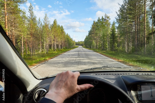 Car salon, steering wheel, hand of woman and view on nature landscape. Road, forest, blue sky, white clouds at sunny day. Concept of single trip of female traveller and driver during coronavirus