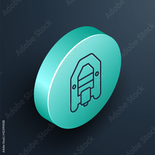 Isometric line Rafting boat icon isolated on black background. Inflatable boat with paddles. Water sports, extreme sports, holiday, vacation. Turquoise circle button. Vector