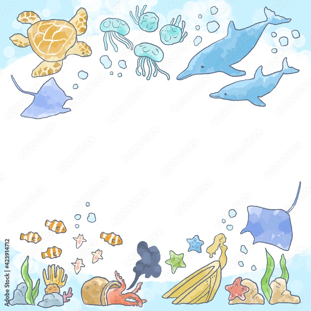 Fototapeta premium 優しいタッチの海の生き物イラストフレーム
