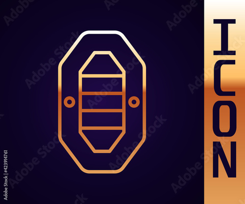 Gold line Rafting boat icon isolated on black background. Inflatable boat with paddles. Water sports, extreme sports, holiday, vacation. Vector