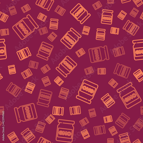 Brown line GMO icon isolated seamless pattern on red background. Genetically modified organism acronym. Dna food modification. Vector
