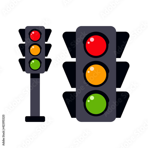 Traffic light to regulate the movement of cars in flat design. Icon on an isolated white background. A tool for regulating traffic on the road. Vector illustration