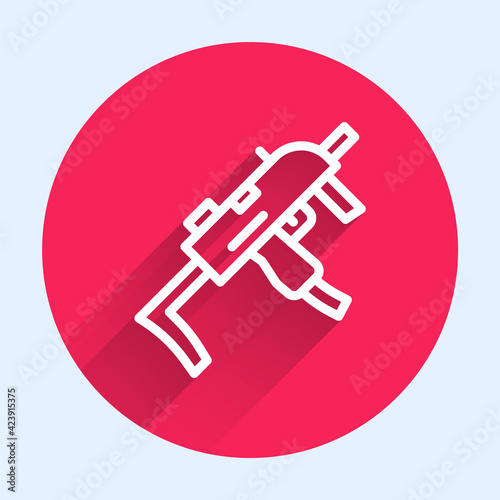 White line MP9 submachine gun icon isolated with long shadow. Automatic weapon. Red circle button. Vector photo